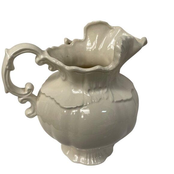 Vintage Ivory Ceramic Pitcher With Floral Accent Ornate Handle 8" x 8" Read - Picture 11 of 15